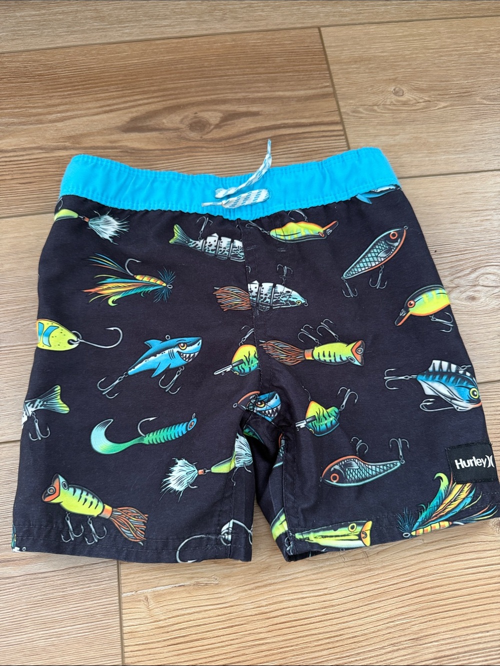 Hurley Black Swim Shorts with Turquoise Waistband and Neon Lure Print